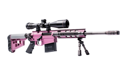 A pink sniper rifle with a scope and bi pod isolated on transparent background	