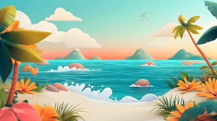 Serene Tropical Beach Landscape with Clear Water and Palm Trees