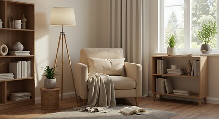 
Minimalist cozy reading corner with beige armchair, wooden furniture, and soft natural lighting. Warm and inviting modern living room interior.