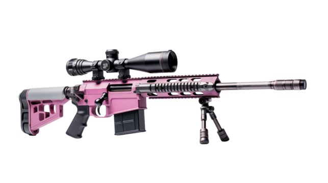 A pink sniper rifle with a scope and bi pod isolated on transparent background	