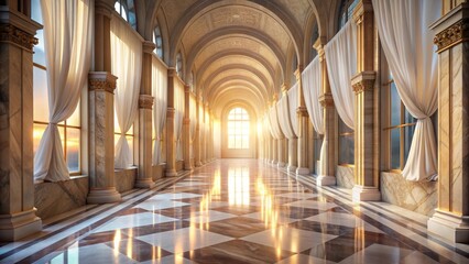 Fototapeta premium Grandiose Palace Hallway with Sunlight Streaming Through Elegant Drapes and Marble Floors