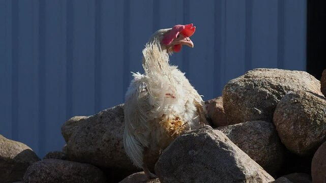 White domestic chickens molt outside