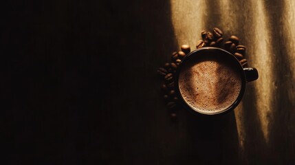 Top view of black ceramic cup filled with hot espresso on roasted coffee beans background, illuminated by morning window light. Warm minimal breakfast drink concept with space for text and composition