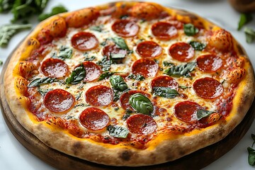Appetizing Round Pepperoni Pizza on Wooden Board with Fresh Basil and Tomato Sauce