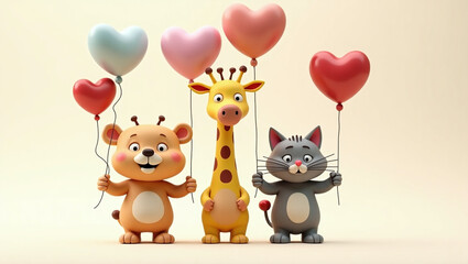 A group of 3D cartoon animals (like a bear, giraffe, and cat) holding heart-shaped balloons, smiling joyfully on a pure white background