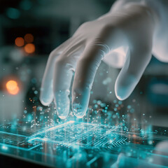 A close-up of a finger touching an electronic screen with futuristic technology. Digital data is flowing from it, and holographic images are emerging in front of the screen.