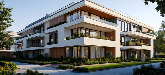 Modern apartment building with white and beige exterior walls, wooden balconies adorned with greenery.