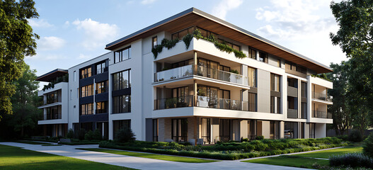 Fototapeta premium Modern apartment building with white and beige exterior walls, wooden balconies adorned with greenery.