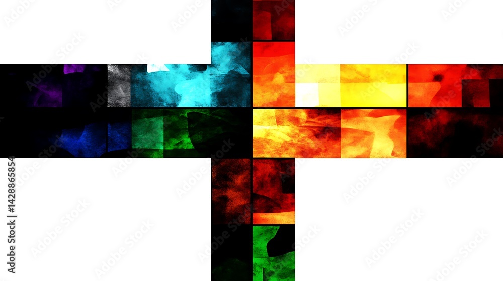 Poster abstract cross shaped artwork featuring vibrant, multicolored square blocks. the blocks showcase a r