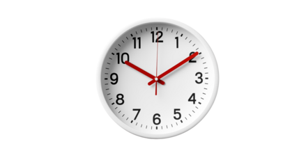 A white round clock with red hands showing the time  isolated on transparent background	