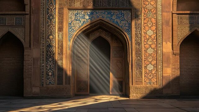 Sunbeams through ornate mosque archway