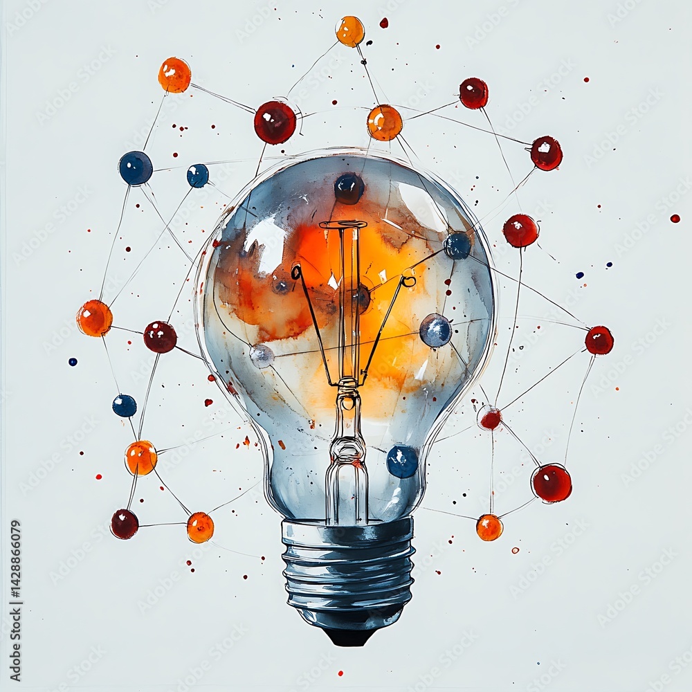 Poster abstract illustration of a lightbulb with interconnected colorful nodes, suggesting networking, inno
