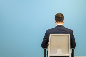 Rear view of an anonymous businessman in a formal suit, sitting on an office chair and facing a plain blue wall, symbolizing waiting, contemplation, and corporate concepts