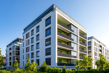 Modern apartment building in Germany, with a white exterior and green accents, set against a clear blue sky.