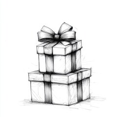 Stacked Gift Boxes with a Large Bow Black and White Ink Illustration