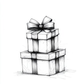 Stacked Gift Boxes with a Large Bow Black and White Ink Illustration