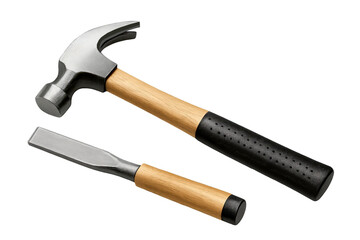 Steel hammer and chisel with wooden grips resting on clear surface