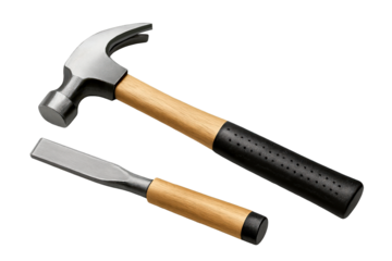 Steel hammer and chisel with wooden grips resting on clear surface