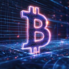 Bitcoin Digital Currency Symbol Glowing in Neon Lights, Futuristic Cryptocurrency Network Technology Concept