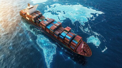 container ship sailing across the ocean with a digital global network overlay depicting a modern and interconnected shipping network and the movement of goods around the world
