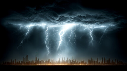 Dramatic Thunderstorm Over Urban Skyline with Lightning Strikes