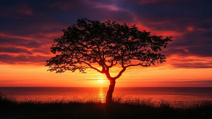 Majestic tree silhouette standing boldly against a fiery coastline sunset, embodying resilience and solitude. 