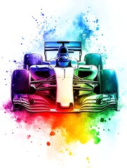 Abstract watercolor painting of a Formula One race car. The car is predominantly white with splashes of vibrant rainbow colors forming a dynamic background. The image uses a front view perspective