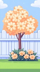 Obraz premium Blooming flower tree in a garden next to a white fence