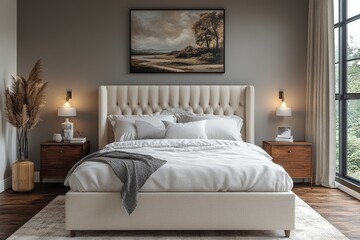 Photorealistic product mockup of an ivory-colored modern bed with headboard, flanked by nightstands, adorned with a large painting in a neutral-toned bedroom with ambient lighting.