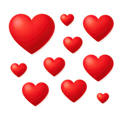 Red hearts of different sizes floating on a transparent background, perfect for valentine's day or romantic projects