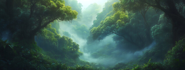 Misty morning in the rainforest, with lush green trees and mist rising from their canopy.