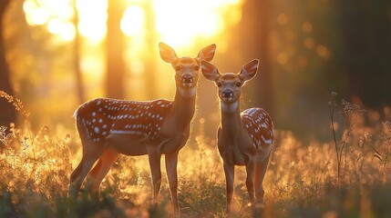 Fototapeta premium Peaceful wildlife scene with two deer alert in a natural woodland setting during golden hour 