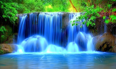 Obraz premium Serene Waterfall Cascading Through Lush Green Foliage