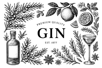 Premium quality gin showcased with botanical illustrations highlighting freshness and flavor in a timeless design - obrazy, fototapety, plakaty