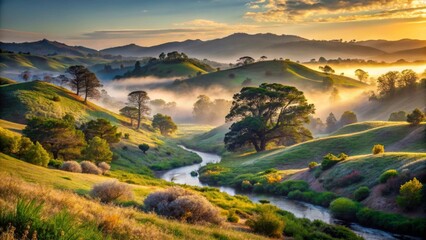 Fototapeta premium Serene Sunrise Over Rolling Hills and a Gently Winding River, Bathed in Golden Light and Morning Mist