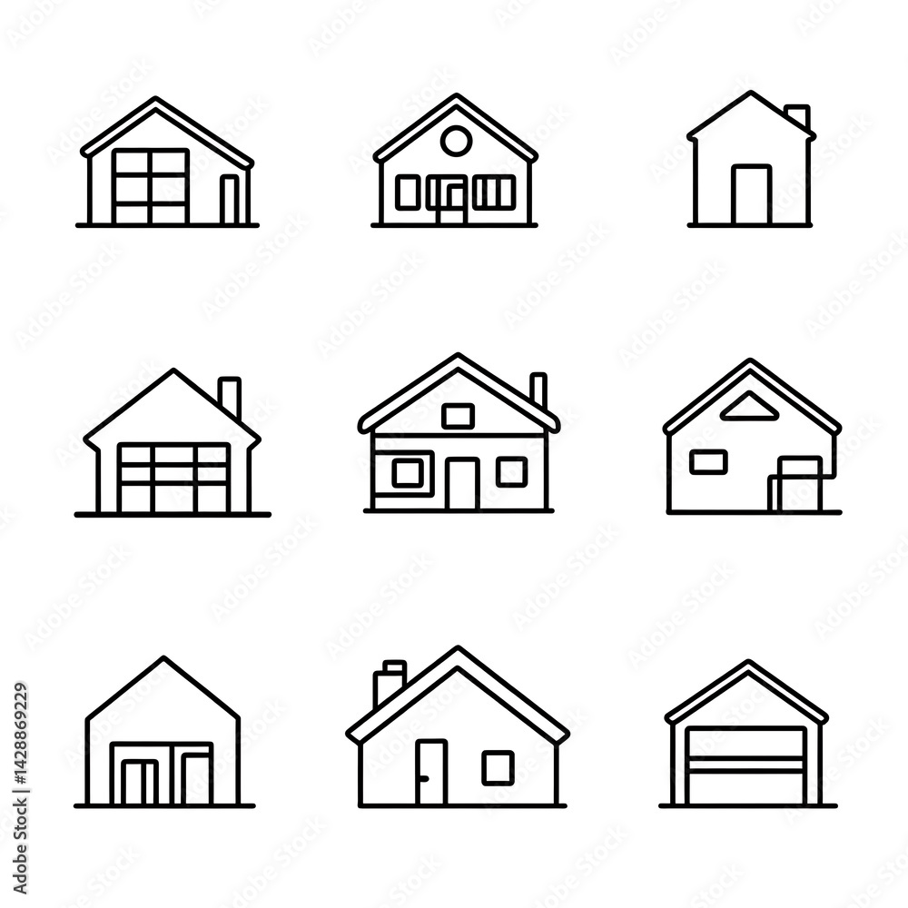 Poster minimalistic vector icon set of houses, web monoline icons with thin black lines on a white backgrou