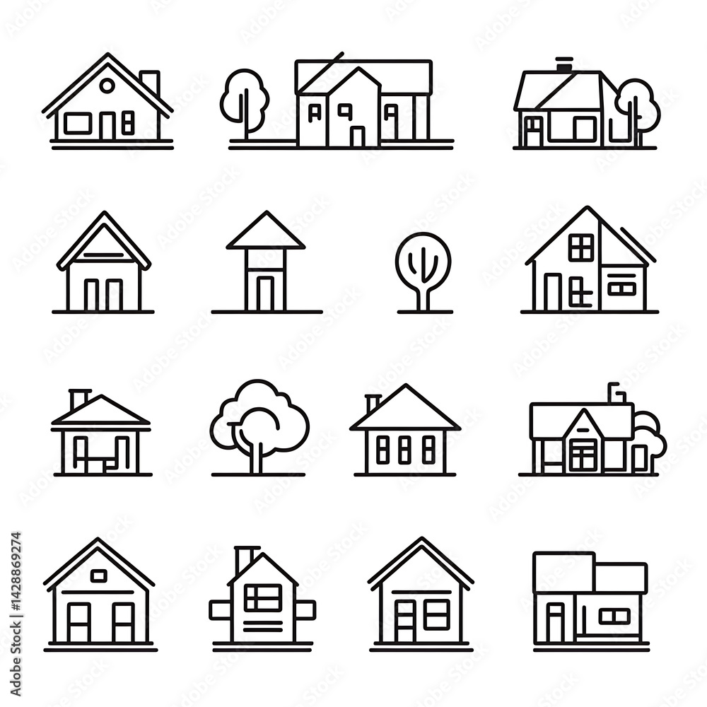Poster minimalistic vector icon set of houses, web monoline icons with thin black lines on a white backgrou