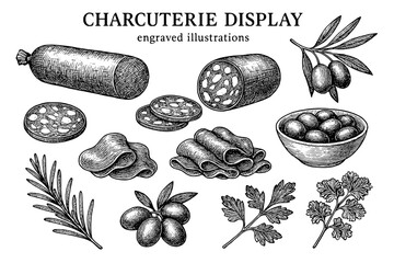 Artfully arranged charcuterie display featuring various cured meats, cheeses, and olives illustrated in intricate engravings