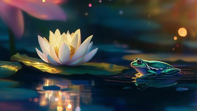 frog on lotus leaf in pond