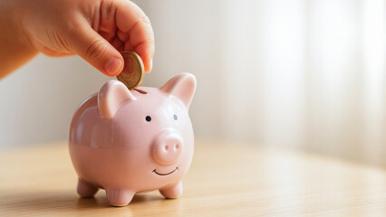 child hand places coin into piggy bank symbolizing family life and goals, representing concept of saving for future