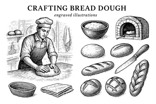 Crafting dough through skilled hands showcases the art of traditional bread-making in a rustic kitchen setting