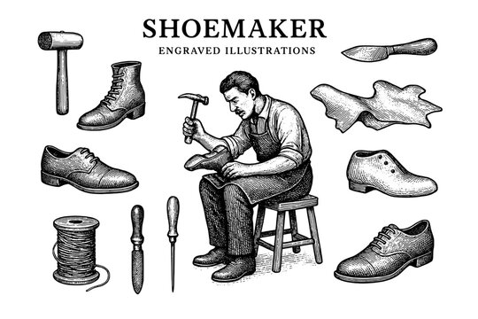 Master shoemaker skillfully crafting elegant leather footwear in a vintage workshop setting