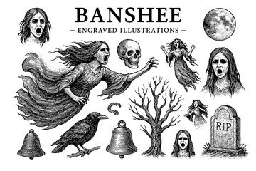 Mysterious and haunting illustrations of banshees, skulls, and eerie elements illuminating the essence of folklore