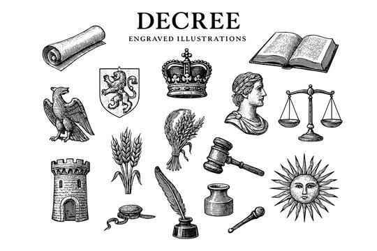 Naklejki Engaging collection of vintage engraved illustrations featuring symbols of law, authority, and nature in a classic style