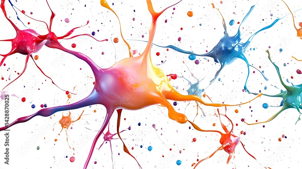 Poster abstract illustration of colorful neurons and synapses, interconnected and forming a complex network