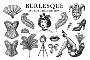Engravings of burlesque art showcasing elegance, allure, and vintage charm from a bygone era illuminated by intricate designs