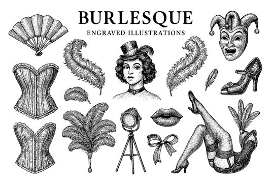 Engravings of burlesque art showcasing elegance, allure, and vintage charm from a bygone era illuminated by intricate designs