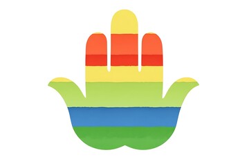 Obraz premium Multicolored hamsa hand symbol with horizontal stripes in warm and cool tones against a white background. The hamsa is depicted in a slightly stylized, slightly textured manner, suggesting a painted