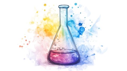 A colorful illustration of an Erlenmeyer flask filled with vibrant rainbow liquid, set against a backdrop of watercolor style paint splatters