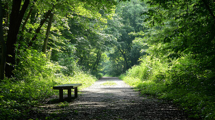 Sunlit Forest Pathway With Bench